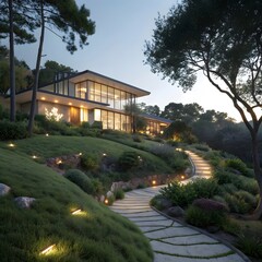 Fototapeta premium Garden view with trees and a house in a sunny park