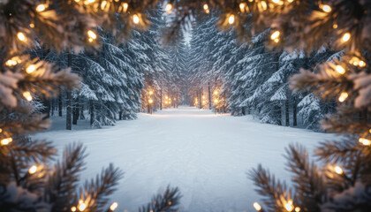 Magical Snowy Winter Forest Path Illuminated by Warm Christmas Lights