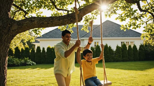Happy father pushing his joyful son on a rope swing hanging from a tree in a sunny suburban backyard with a house in the background