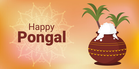Pongal banner. Poster with rice pot and sugarcane. Vector.