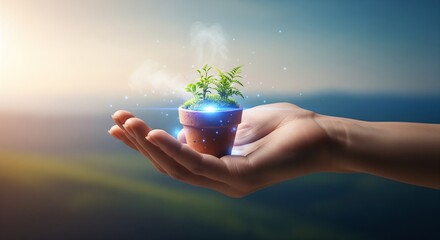 Hand Holding Miniature Earthen Pot Cooling Ecosystem