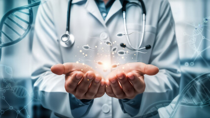 Doctor holding glowing sperm cells in hands with dna helix structure in background representing fertility treatment, genetic research, or reproductive science concept