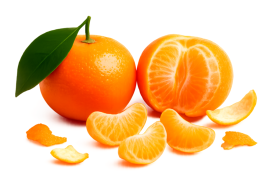 Ripe mandarins including a peeled fruit with segments exposed and peels scattered, isolated on transparent background