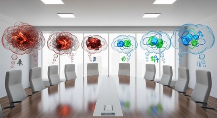 Digital Thought Bubbles Over Empty Meeting Table