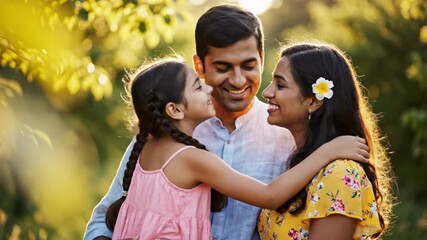Loving indian family of three embracing outdoors in warm golden hour sunlight with lush green foliage in the background