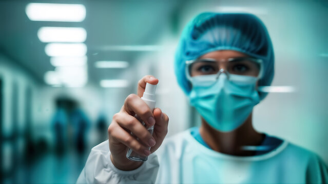 Female medical professional wearing full protective gear including surgical cap, goggles, and face mask, sprays hand sanitizer toward the camera in a hospital corridor to promote hygiene and safety