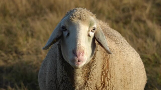 Sheep Resting on Meadow in Autumn Sunlight 4K Slow Motion Video