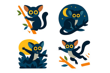 Obraz premium Cute lemur illustrations showing playful actions in a nighttime setting with stars and a moon