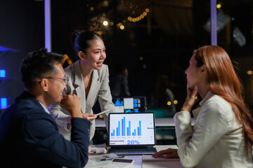 Asian business team collaborating on a project, analyzing charts and reports on a tablet in an evening office setting