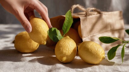 Market Stall Lemons Hand Picking Fresh Citruses from Rustic Brown Bag for Organic