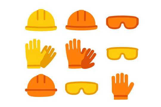 Safety gear collection including hard hats, gloves, and safety glasses for construction or industrial use indoors or outdoors