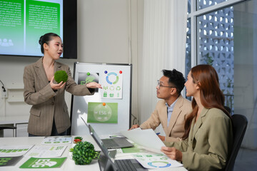 Businesswoman presenting environmental, social, and corporate governance - ESG - strategy to colleagues using a moss ball in a sustainable business meeting