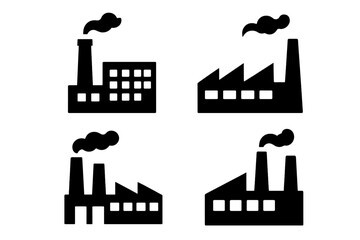 Fototapeta premium Various factory silhouettes with smokestacks showcasing industrial architecture and operations