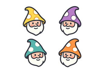 Colorful gnome heads with whimsical hats in various shades on a light background
