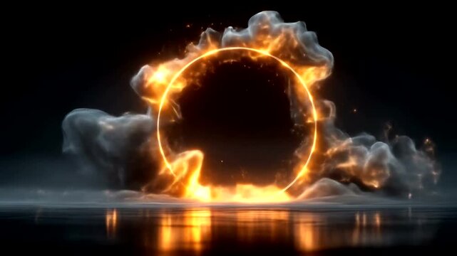 Dynamic fiery energy rings emerging with explosive cloud effects in a mesmerizing digital universe