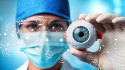 Ophthalmologist or surgeon in protective gear holding a detailed model of a human eyeball, symbolizing advanced eye care, vision science, and medical technology in a futuristic setting