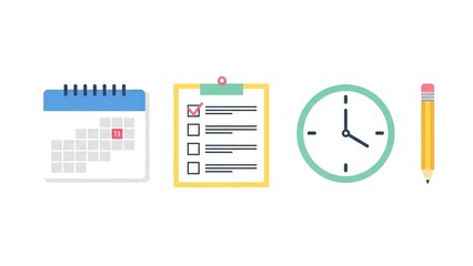 A collection of flat design icons representing time management, planning, and task organization concepts