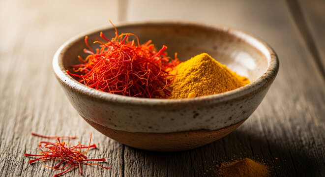 Bowl with bright red saffron threads and yellow turmeric powder