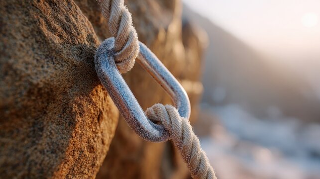 Rugged Outdoors Close-up of Climbing Rope and Carabiner on Mountain at