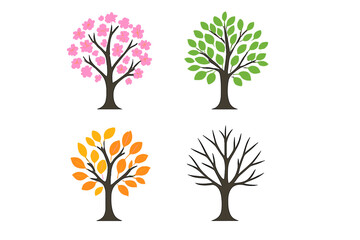 Fototapeta premium Various tree illustrations representing seasonal changes in color and foliage throughout the year in a simple, artistic style