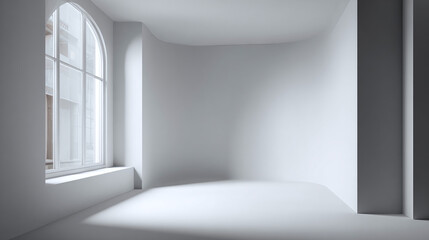 An empty, bright room with large window, simple interior design and soft shadows.