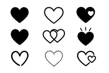 Various heart symbols in different designs showcasing love and affection