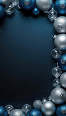 Blue and Silver Christmas Ornament Frame with Glittering Baubles on Dark Background