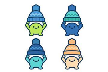 Cute cartoon characters wearing knitted hats in various colors and poses, ideal for winter-themed projects or children's art