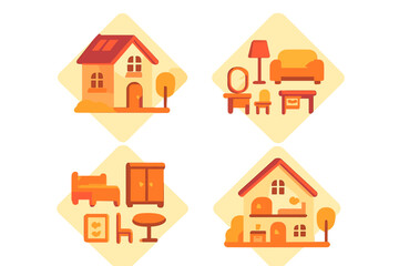 Colorful illustrations of home elements and furniture in a cheerful style