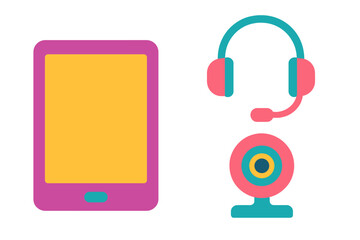 Gadgets for online communication, showing a tablet, headset, and webcam suitable for virtual meetings