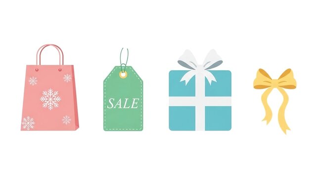 A collection of illustrated shopping and gift icons featuring a bag, sale tag, present box, and ribbon bow