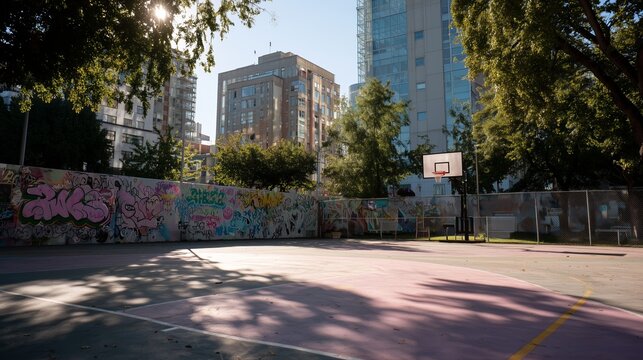 Basketball court in urban area surrounded by tall buildings and vibrant street art