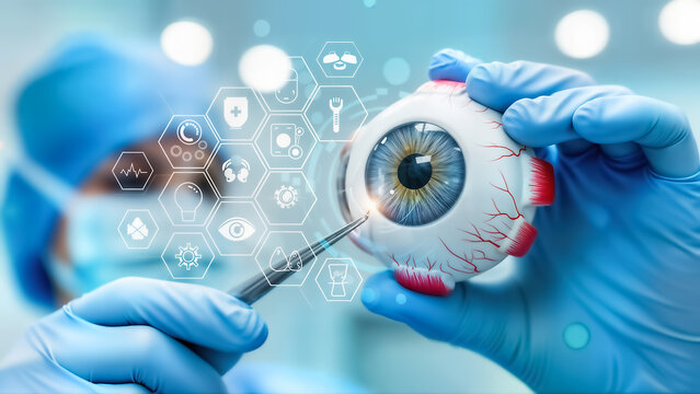 Ophthalmologist or surgeon in blue gloves performing eye surgery or examination on a model eye with futuristic digital interface icons overlayed, representing medical technology and vision care - Powered by Adobe