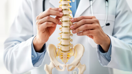 Closeup of a medical professional in a white coat holding and examining a detailed anatomical model of the human lumbar spine and pelvis
