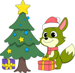 Cute Christmas Cartoon Animal with Decorated Tree and Gifts