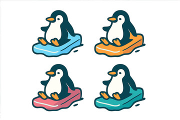 Cute penguins sliding on colorful ice blocks in a playful winter setting