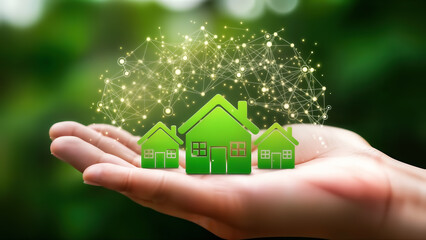 Three glowing green miniature houses held in an open hand against a blurred natural green background, symbolizing smart home technology, ecofriendly living, and sustainable real estate investment