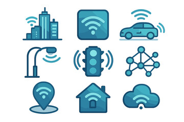 Modern city life with smart technology and connectivity symbols in a vibrant design
