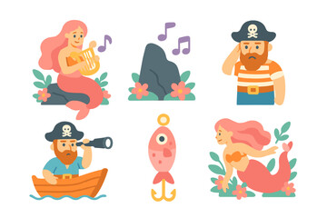 Creative sea adventure with a mermaid playing harp and pirates enjoying their journey on a sunny day