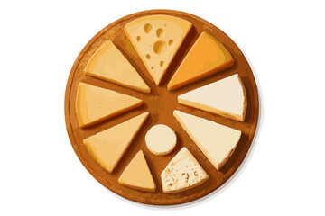 Assorted cheese platter featuring various shapes and colors arranged on a round wooden board