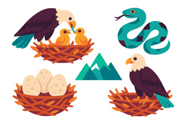 Colorful illustration of eagles, snakes, and nests set against a mountain backdrop highlighting wildlife interactions