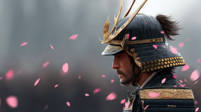 A man in samurai armor is seen in profile, with falling pink petals. The image has a dramatic and artistic feel.
