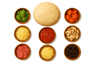 Delicious pizza preparation with fresh ingredients arranged around dough on a white background