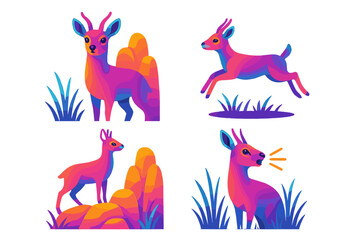 Colorful illustrations of playful deer in a vibrant landscape with grass and rocks during a sunny day