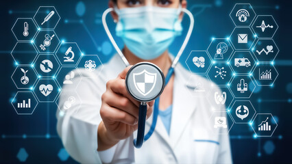 Female doctor wearing a protective face mask holds a stethoscope with a shield icon towards the camera, surrounded by glowing medical and healthcare technology icons in a digital interface