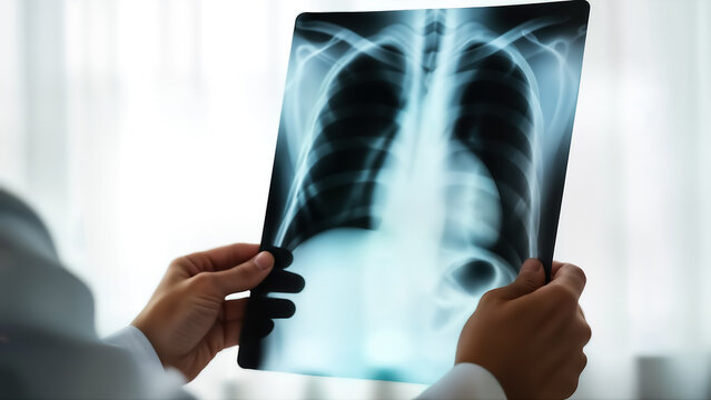 Closeup of a doctor or radiologist holding and examining a chest xray film showing the human lung and rib cage structure in a bright medical setting - Powered by Adobe
