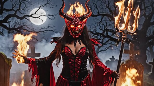 A demonic figure in red attire with horns, mask, trident, and fire, in a moonlit graveyard scene