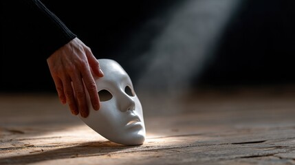 Theatre Performance Hand Holding White Mask on Wooden Stage with Dramatic