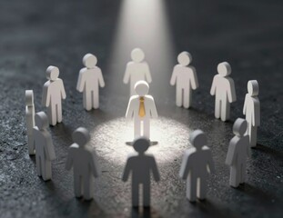 Wooden figurines circle spotlighted central figure wearing tie