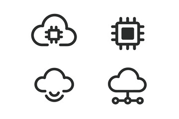Digital cloud technology and computing icons representing storage, processing, and connectivity in a modern design